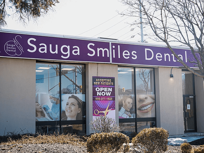Sauga Smiles Dental storefront on Burnhamthorpe Road West in Mississauga